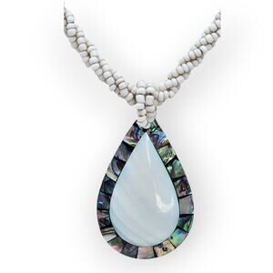 Abalone Shell Mosaic Teardrop Pendant Necklace White Beaded Boho Coastal